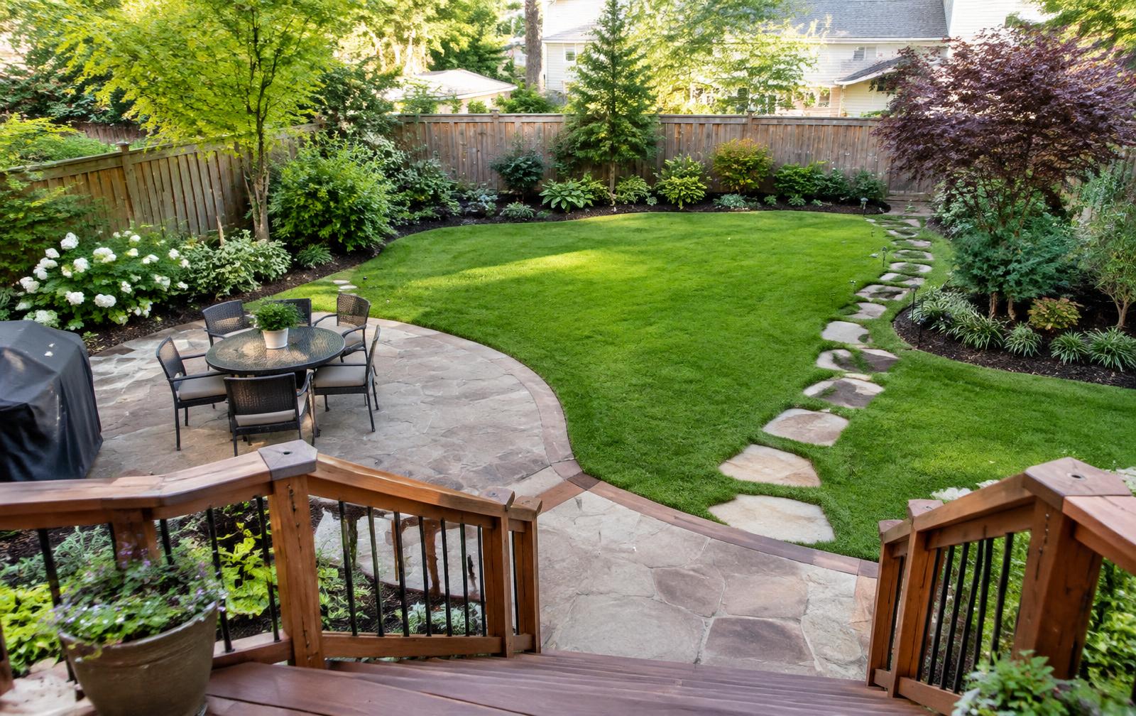 After landscaping: fenced backyard seen from the deck