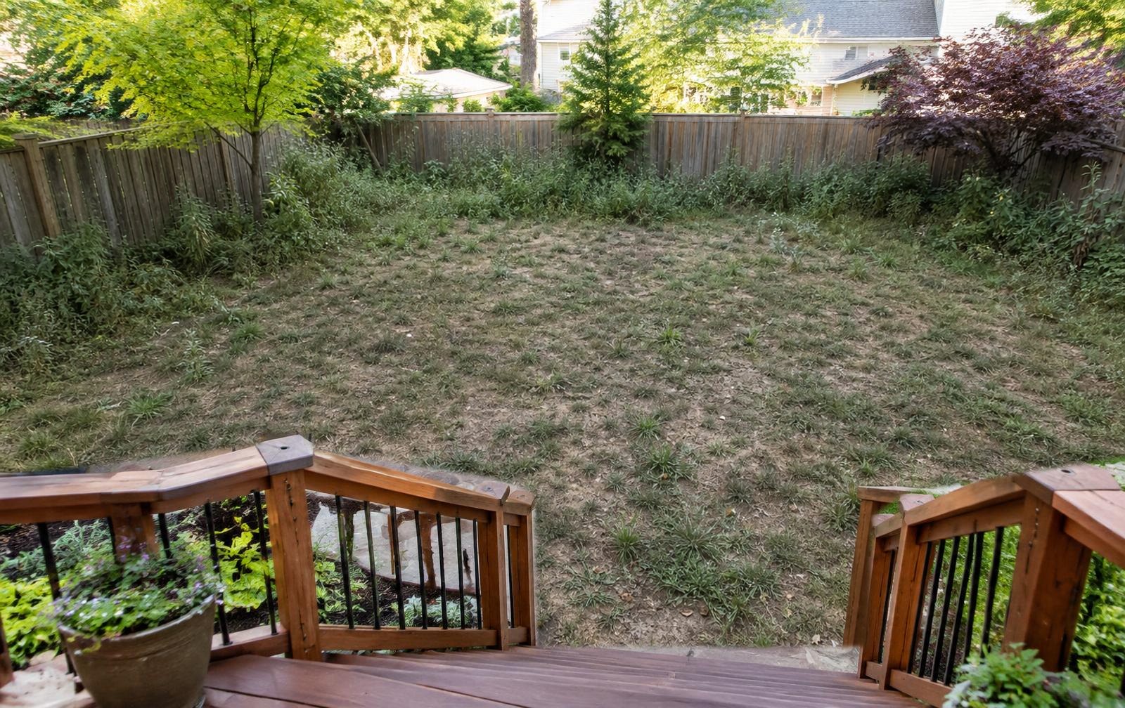 Before landscaping: fenced backyard seen from the deck