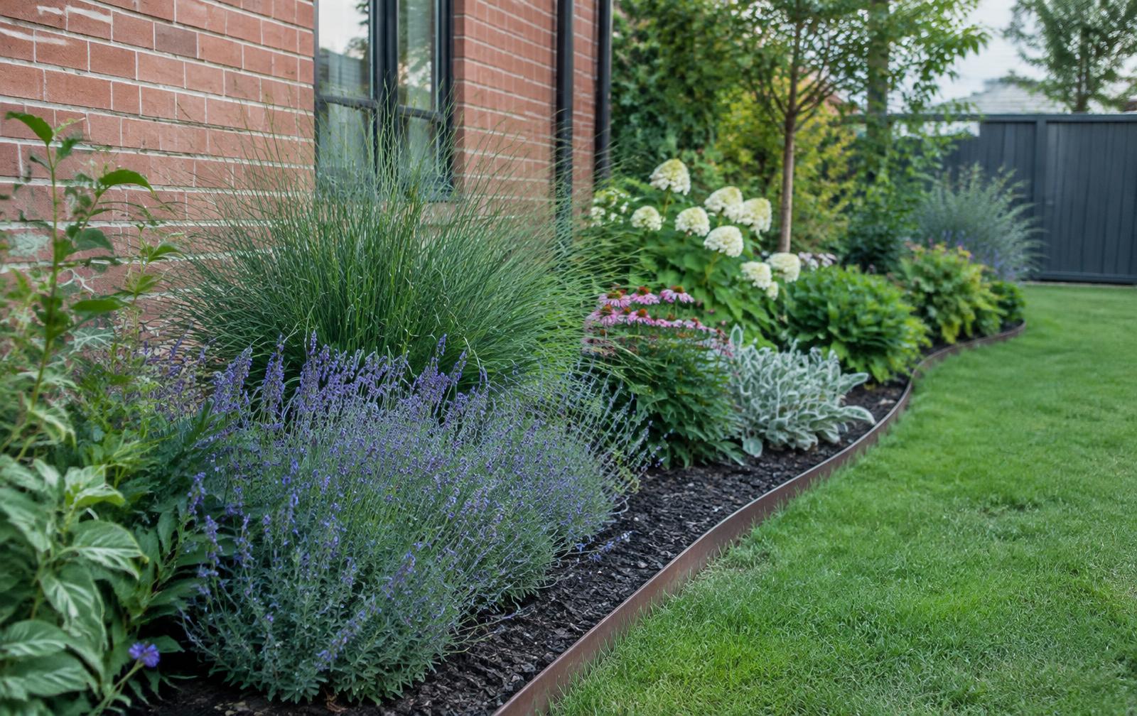 After landscaping: planting bed along a brick wall