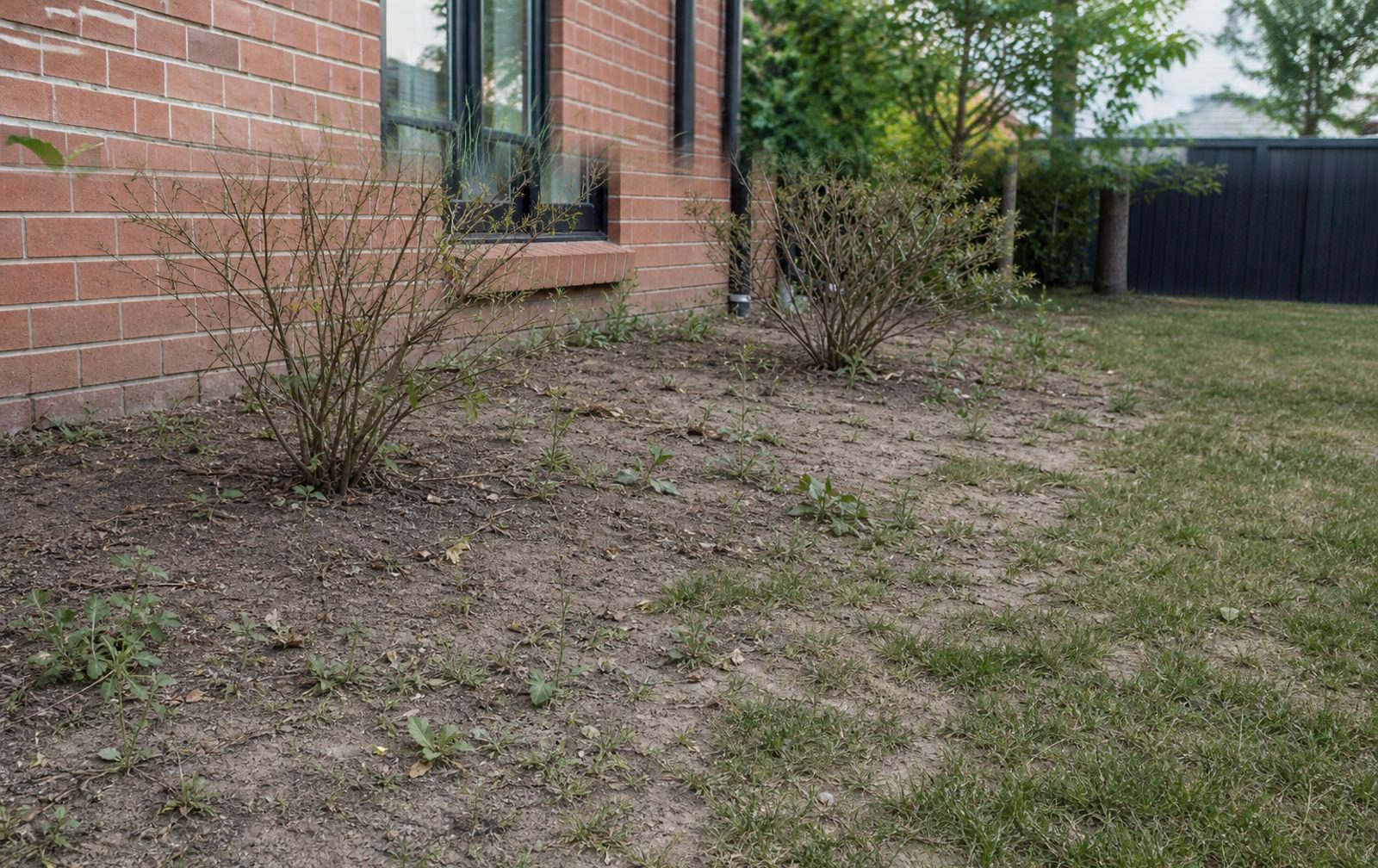 Before landscaping: planting bed along a brick wall