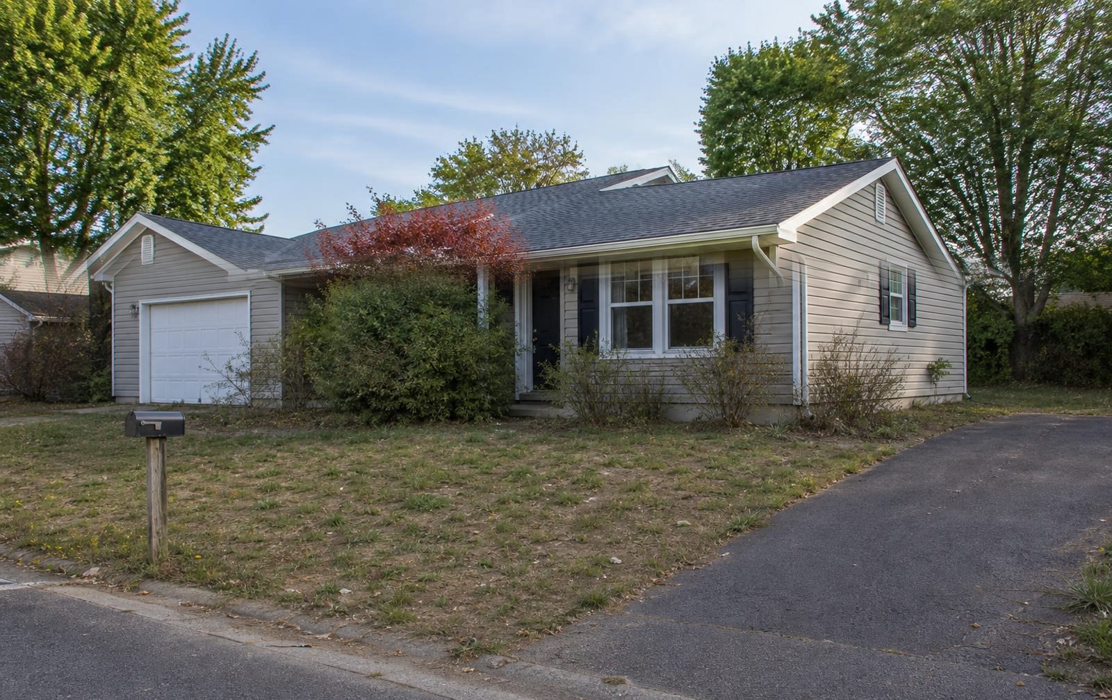 Before landscaping: ranch home and front lawn